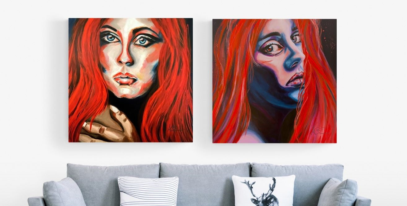Toiles originales à vendre de deux femmes par l'artiste canadienne Audrey Giguère