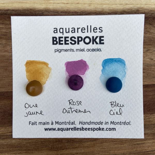Mini trio d’aquarelles Beespoke : ocre jaune, rose outremer et bleu ciel en format de 0,5 ml